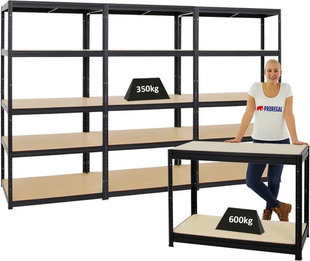 PROREGAL Set aus 3x Schwerlastregal Slim Elephant und 1x höhenverstellbarer Werkbank Slim Dino in Schwarz, H: 180 cm, B: 90 cm, T: 60 cm & H: 90 cm, B: 120 cm, T: 60 cm - Bild 1
