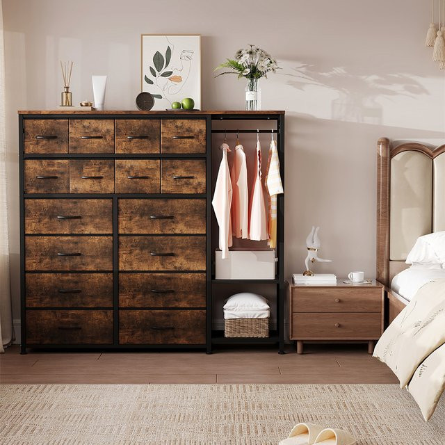 HiMISS Stoffschrank für den Eingangsbereich mit Metallrahmen, Schubladen und offenen Regalen, modern und multifunktional, Schwarz oder Braun - Bild 1