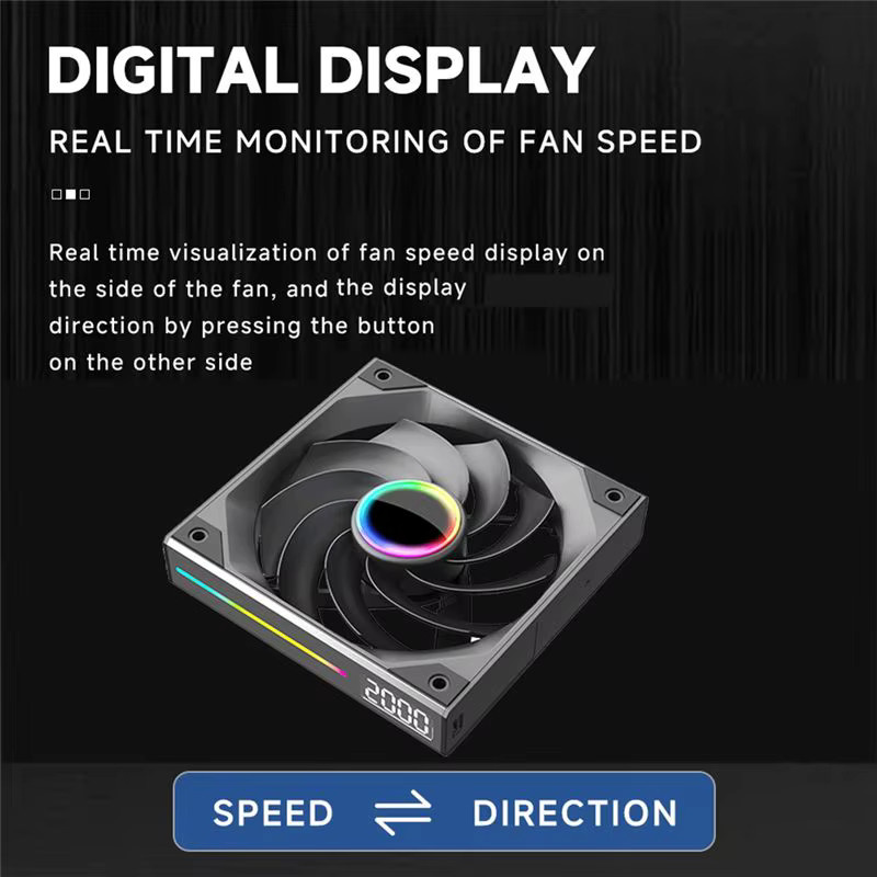 Geräuscharmer 120mm Gehäuselüfter mit Digital-Display, ARGB-Licht-Synchronisation und kabelloser Verbindung, 4PIN PWM, Schwarz - Bild 4