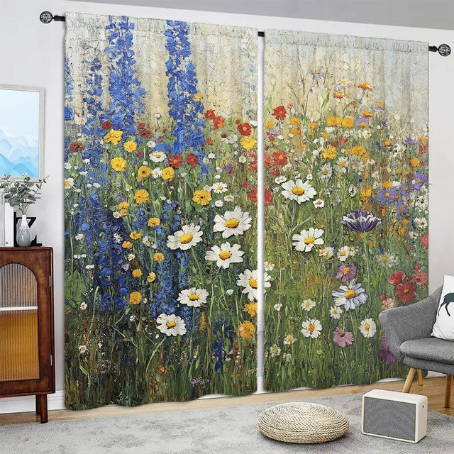 2er-Set Blumensee Ölgemälde Vorhang mit floralem Design, halbtransparent, B: 52,5 cm, H: 116 cm - Bild 1