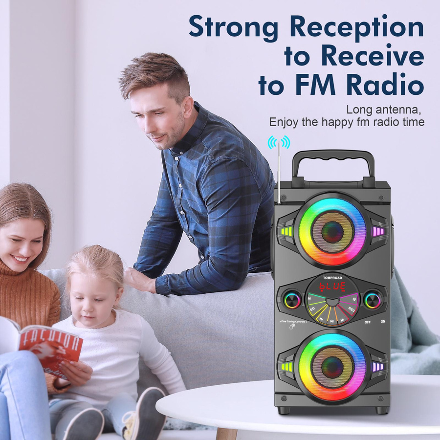 TOPROAD Bluetooth-Lautsprecher 60 W mit Subwoofer, LED-Leuchten, FM-Radio und Mikrofon, Schwarz - Bild 4