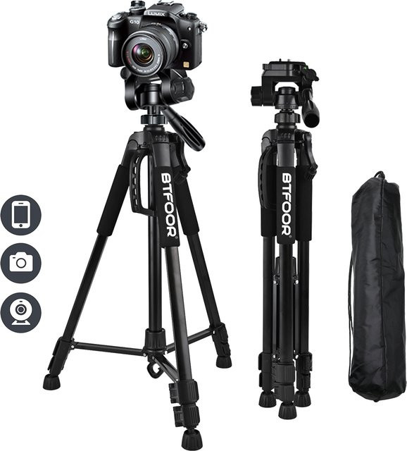 BTFOOR Aluminium Kamera Stativ mit Pan-Kopf für DSLR und SLR, Schwarz, Höhe: 140 cm - Bild 1