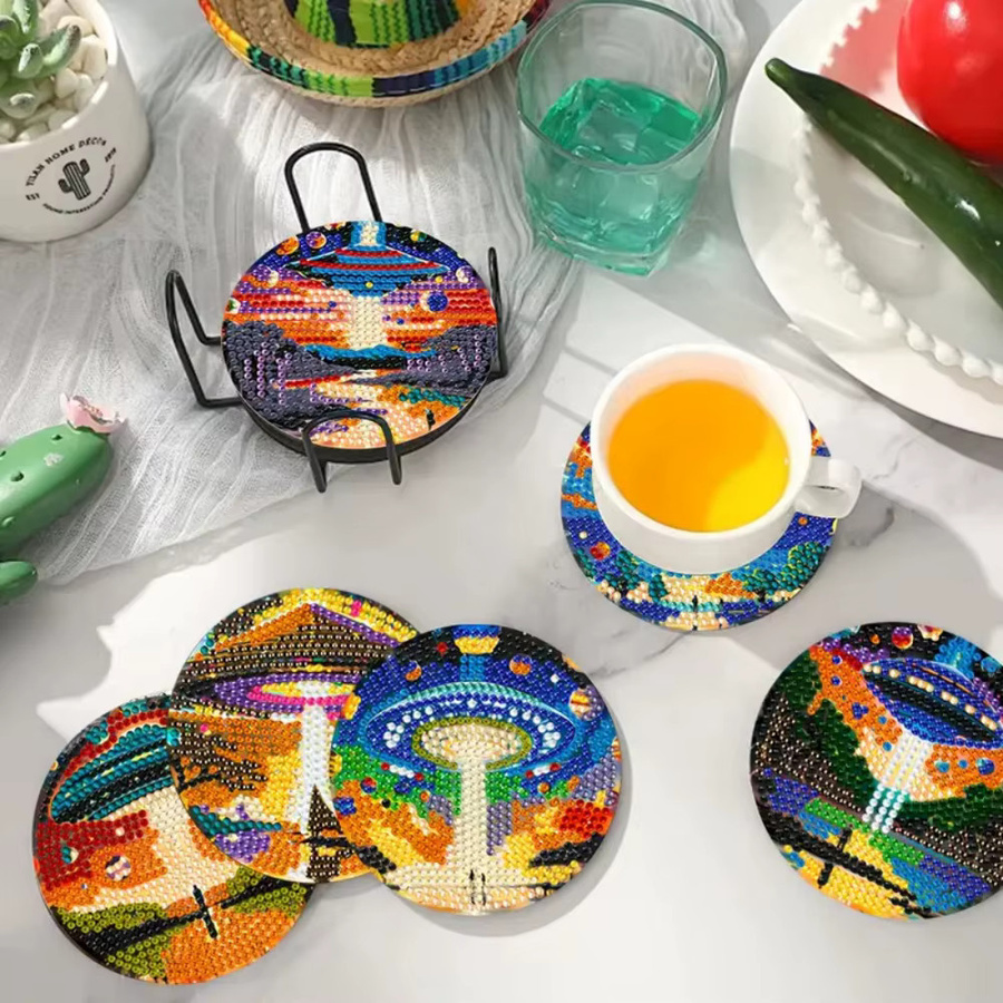 8-teiliges DIY-Untersetzer-Set mit Diamantmalerei und Ständer, runde Getränkematten mit Strasssteinen in Multicolour - Bild 3