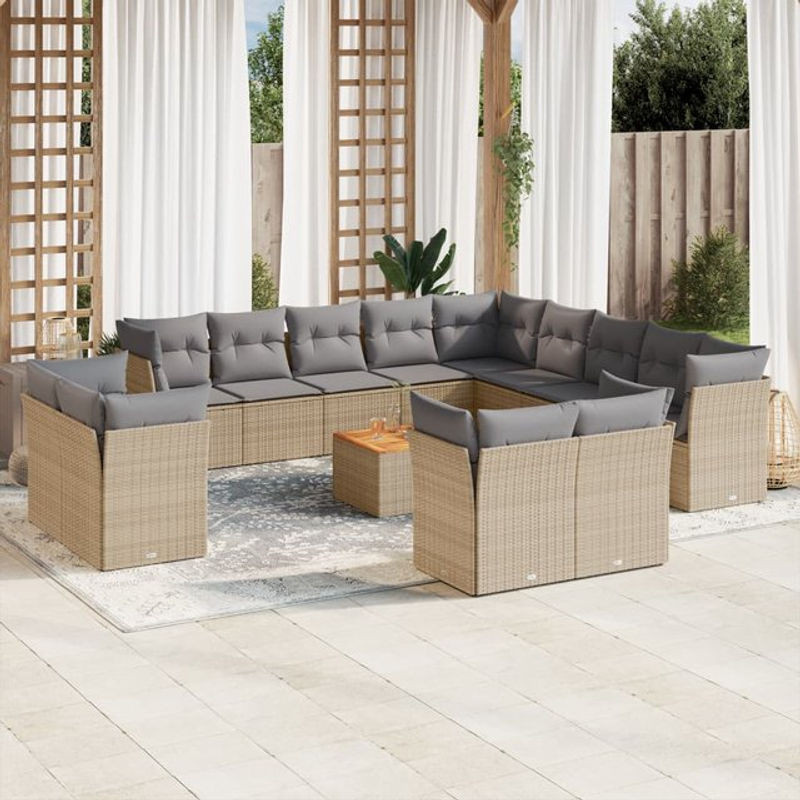 Vidaxl Gartenmöbel-Set aus Rattan und Holz mit 14-teiligem Kissen-Set in Beige, modern - Bild 1