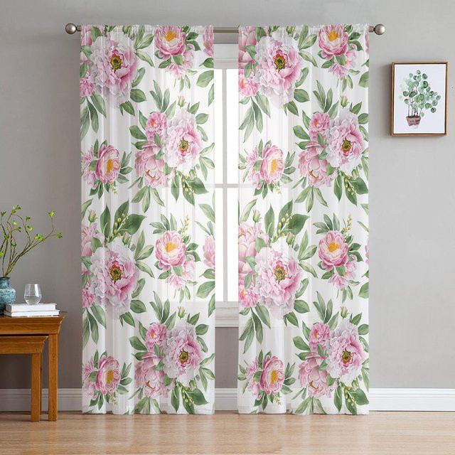Weiße Tüll-Vorhänge mit rosa Hibiskusblüten-Design für Wohnzimmer und Küche, B: 135 cm, H: 115 cm - Bild 1