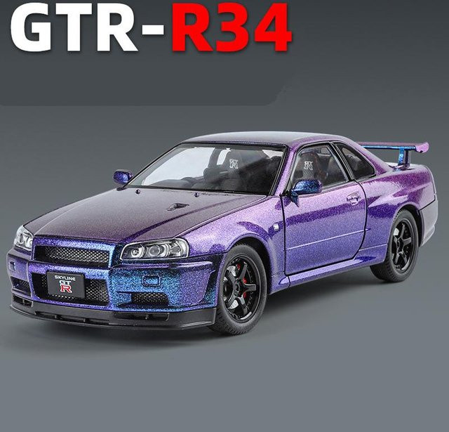 Fourall- Model Cars Nissan Skyline Ares GTR GT-R R34, Sportwagen Modell, 1:24, mit Sound und Licht, violett - Bild 1