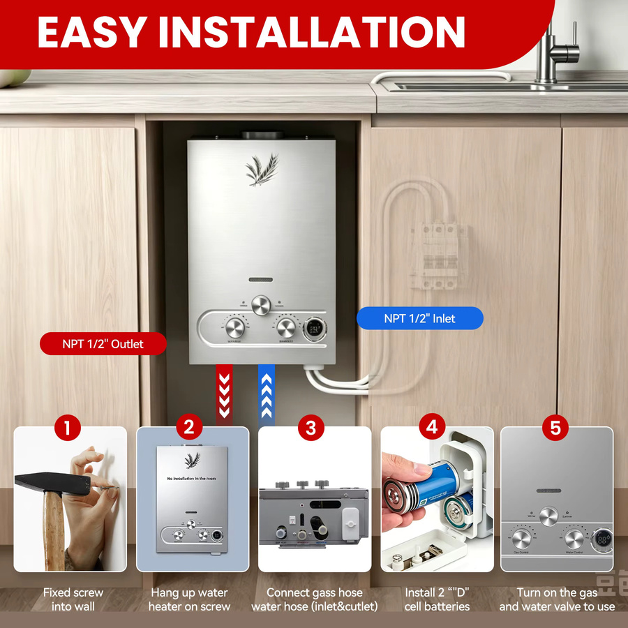 SIHAO Gas-Durchlauferhitzer aus Edelstahl für Outdoor und Camping, Farbe: Silber - Bild 2