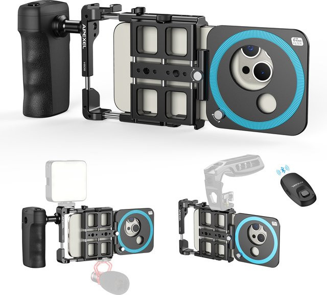APEXEL Universal Metal Phone Rig Video Kit Handheld Smartphone Vlog Cage in Schwarz mit wiederaufladbarem Verschluss - Bild 1