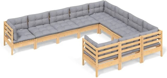 vidaXL 10-teiliges Garten-Lounge-Set aus massivem Kiefernholz mit grauen Kissen aus Polyester - Bild 1