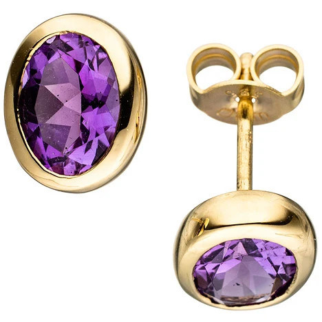Colfem Ohrstecker oval, 585 Gelbgold, Amethyst, lila, Unisex - Bild 1