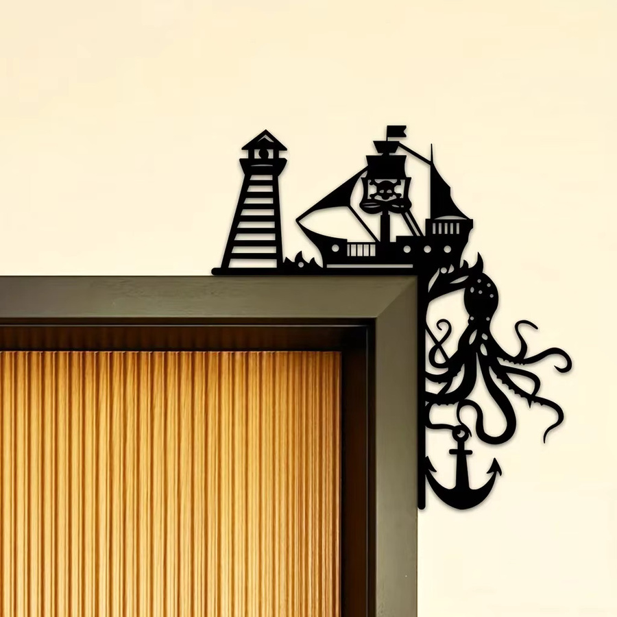 CIFBUY Maritime Wanddekoration mit Leuchtturm, Schiff und Tintenfisch in Schwarz als Aufkleber für Türrahmen und Ecken - Bild 4