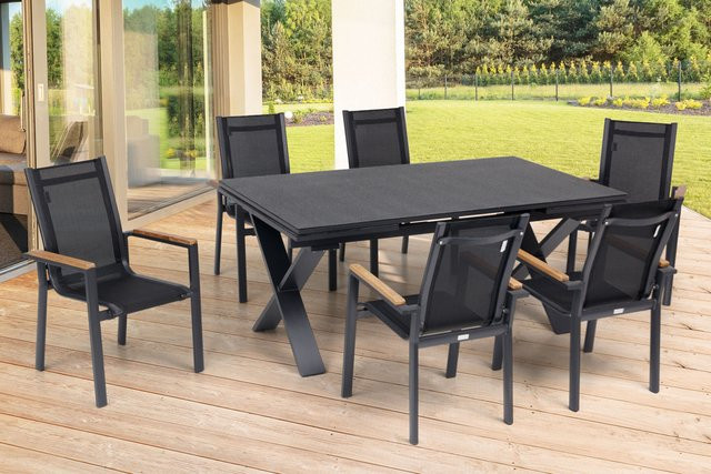 OUTFLEXX Garten-Essgruppe in Anthrazit Matt mit ausziehbarem Tisch und 6 Stapelsesseln aus Aluminium, Spraystone, Teakholz und Textilene, Tisch B: 100 cm, H: 78 cm, L: 180 bis 280 cm - Bild 1