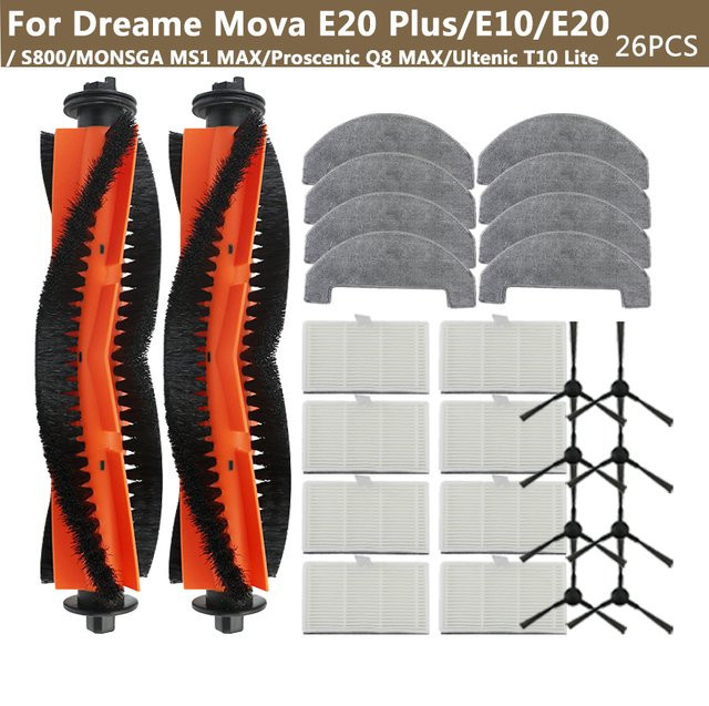 Ersatzteil-Set für Dreame Mova E20 Plus E10 E20 S800 und Monsga MS1 MAX mit Hauptbürste, Filter und Wischtuch sowie Kompatibilität für Proscenic Q8 MAX und Ultenic T10 Lite - Bild 1