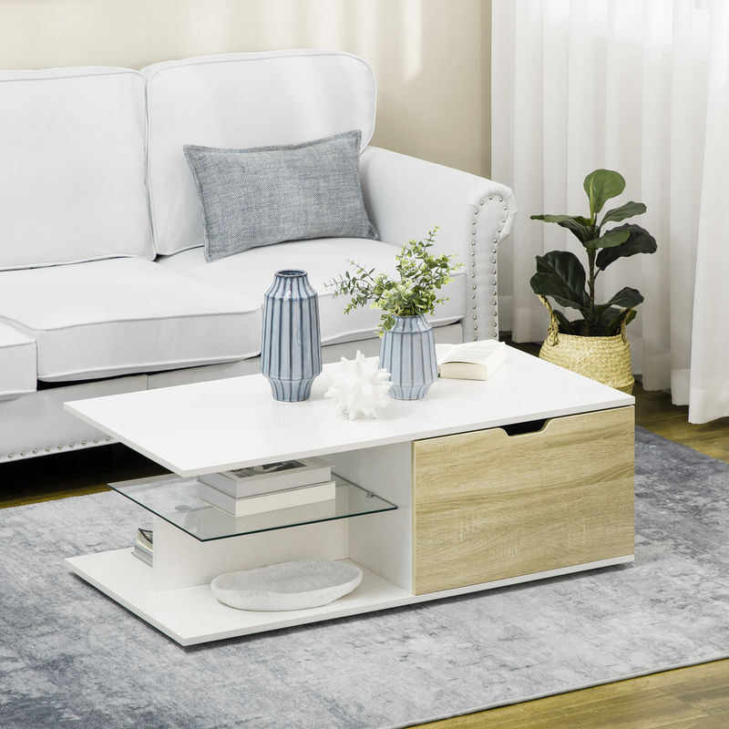 HOMCOM Couchtisch rechteckig mit gehärteter Glasplatte und 2 Schubladen sowie 2 Fächern in Weiß und Eiche-Holzoptik B: 106 cm, T: 58 cm, H: 39 cm - Bild 2
