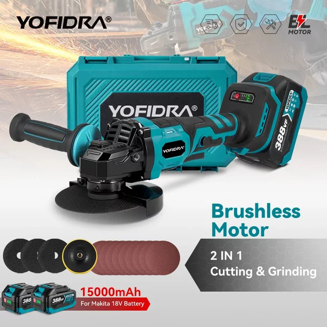 YOFIDRA Bürstenloser elektrischer Winkelschleifer mit 3 Gängen, kabelloser Polierer und Schneider für Makita 18 V-Batterie, Durchmesser: 125 mm - Bild 1