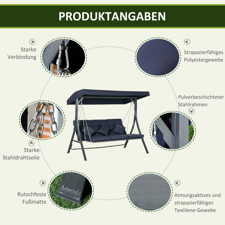 Outsunny Hollywoodschaukel 3-Sitzer mit Sonnendach und Kissen, Blau/Schwarz, B/T/H: 198 x 118 x 168 cm - Bild 5