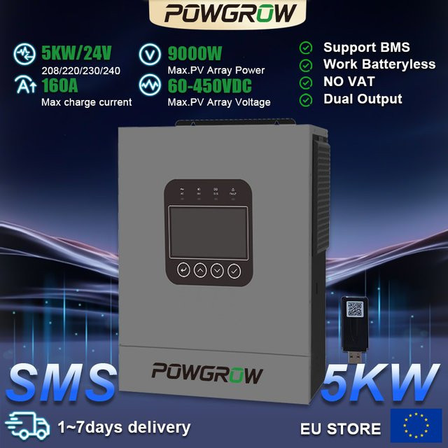 POWGROW Hybrid-Solarwechselrichter 5KW 24V mit reiner Sinuswelle, 230VAC, PV-Eingang 500VDC, Doppelausgang und Wi-Fi-Modul, Grau - Bild 1