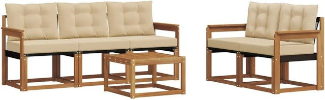 vidaXL Outdoor-Sofagarnitur 6-teilig aus Akazienholz und Textilene in Natur und Beige mit Kissen und Tisch - Bild 1