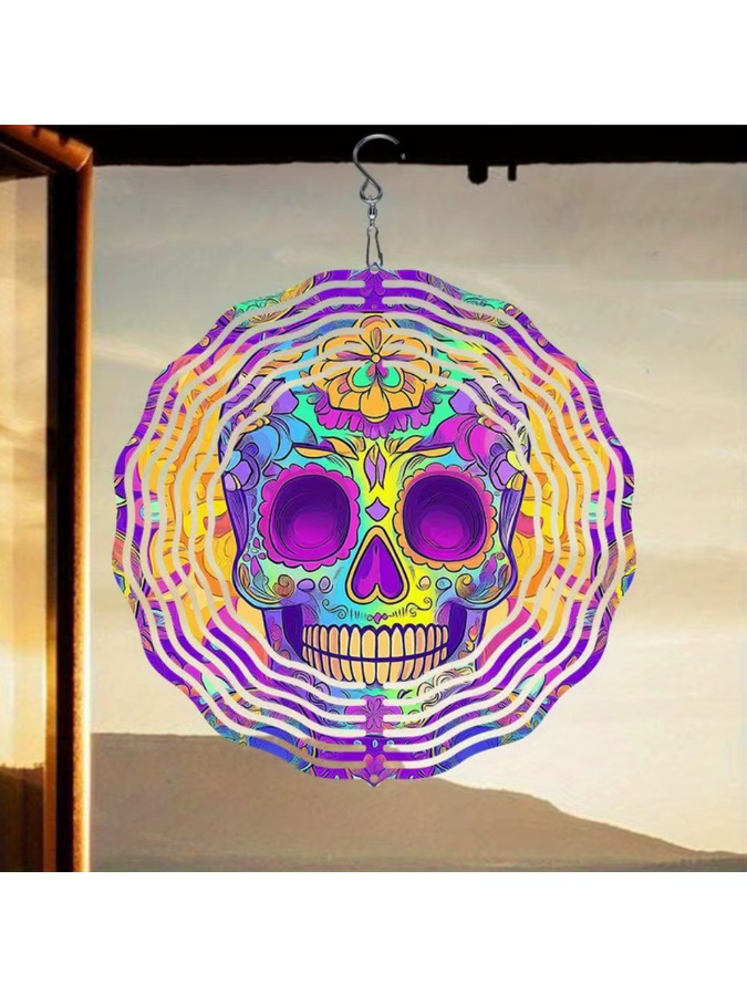 CIFBUY Hypnotic Skull Windspiel aus Metall in Lila gestreift für Halloween und Garten-Deko - Bild 4