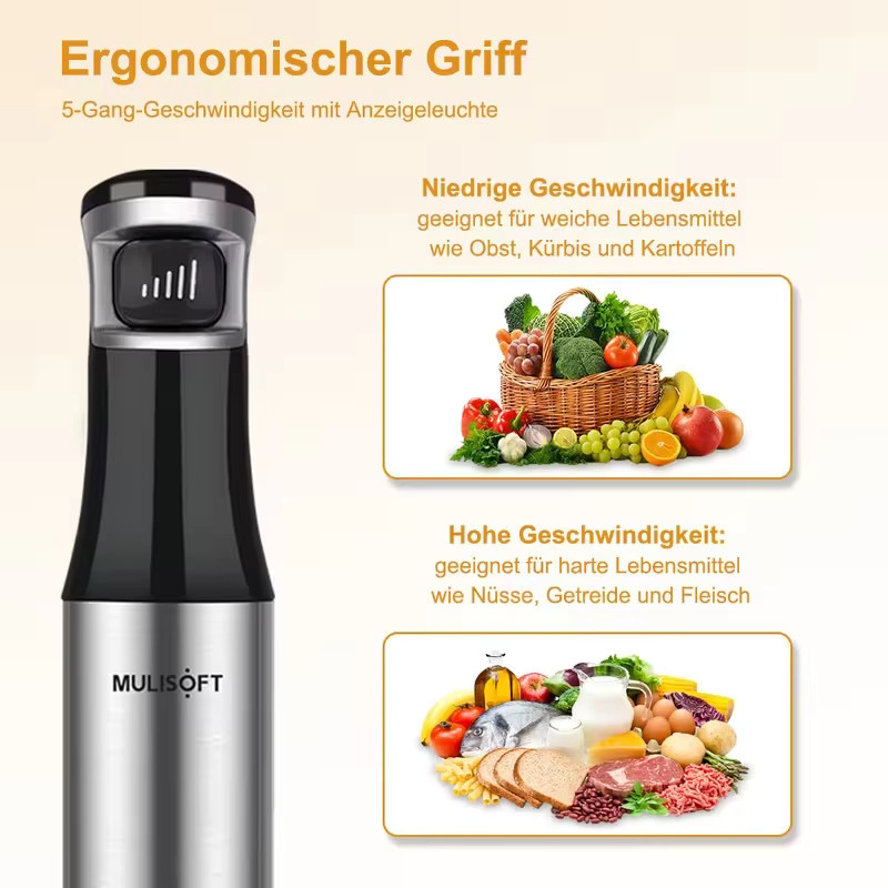 WUIETI 4-in-1 Stabmixer 700W aus Edelstahl in Schwarz und Silber für Smoothies, Suppen und Babynahrung - Bild 4