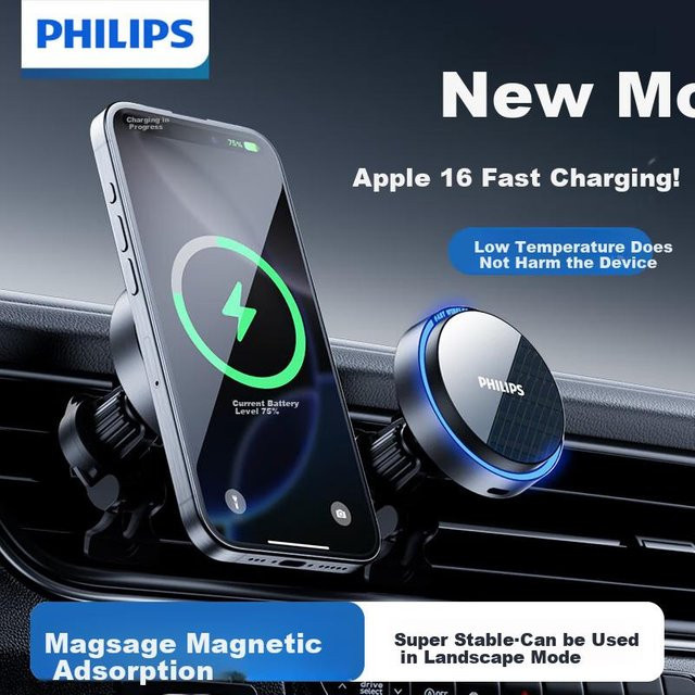 Philips Magnetische MagSafe Autohalterung mit kabellosem Schnellladegerät für Lüftungsschlitze, Schwarz - Bild 1