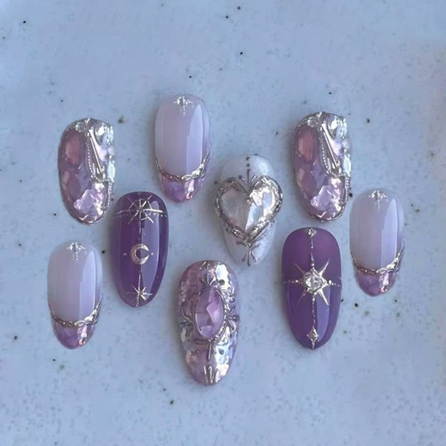 YADORNOS Press on Nails, Lila, Glänzend, Stern Mond Kristall Pailletten, 30 Stück - Bild 1