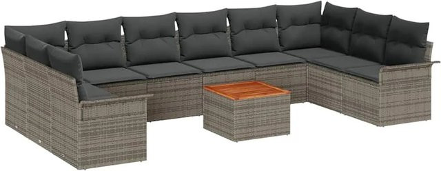 vidaXL 11-teiliges Garten-Sofa-Set in U-Form aus Polyrattan und Akazie mit Kissen in Grau - Bild 1