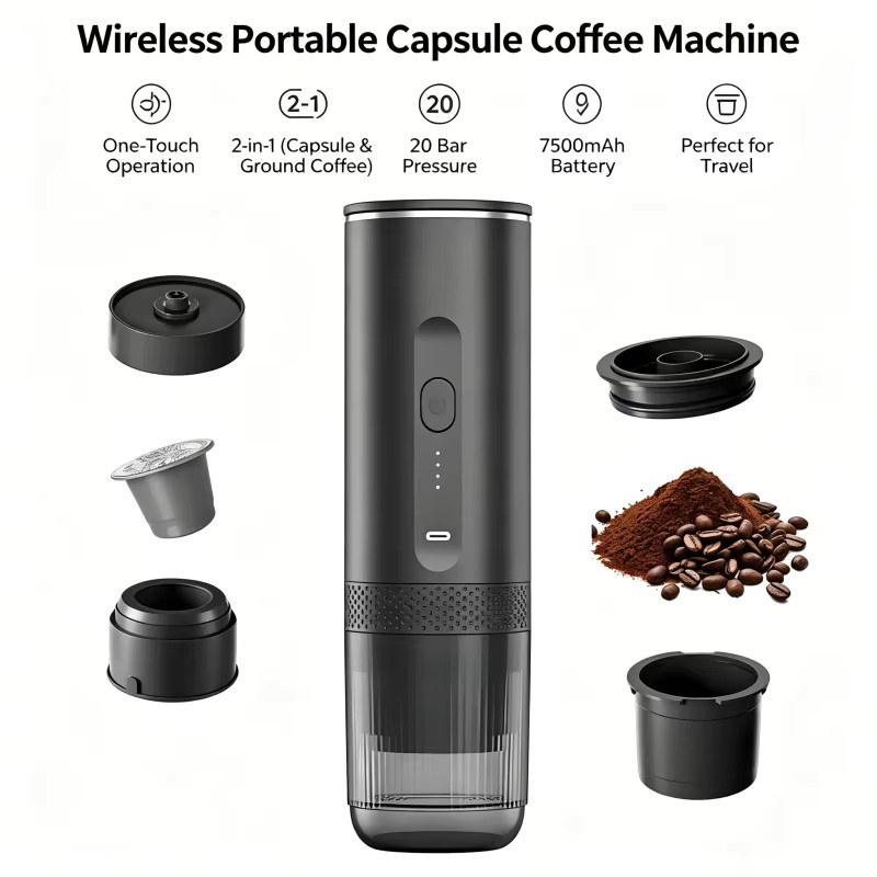 Betuyoo Tragbare Kapsel-Kaffeemaschine in Schwarz, 2-in-1 Espressomaker für Nespresso Original Kapseln und gemahlenen Kaffee mit 20 Bar Druck und 7500mAh Akku - Bild 3