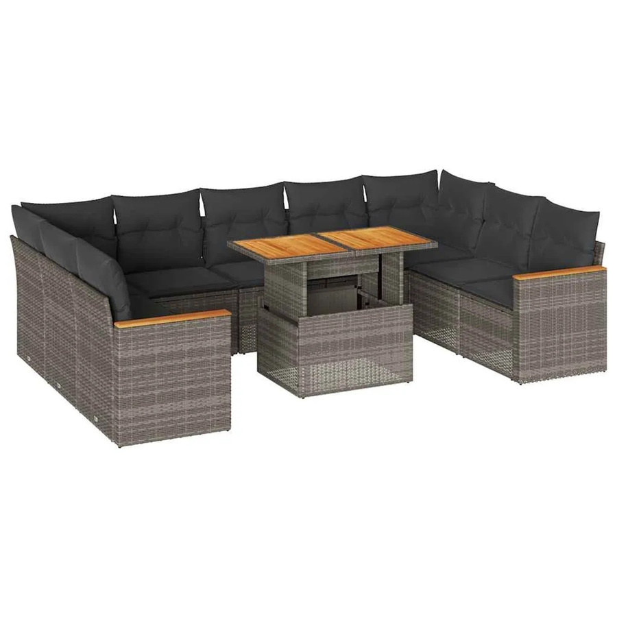 vidaXL 10-tlg. Garten-Sofagarnitur in L-Form aus Polyrattan und Akazienholz mit Kissen in Grau - Bild 2