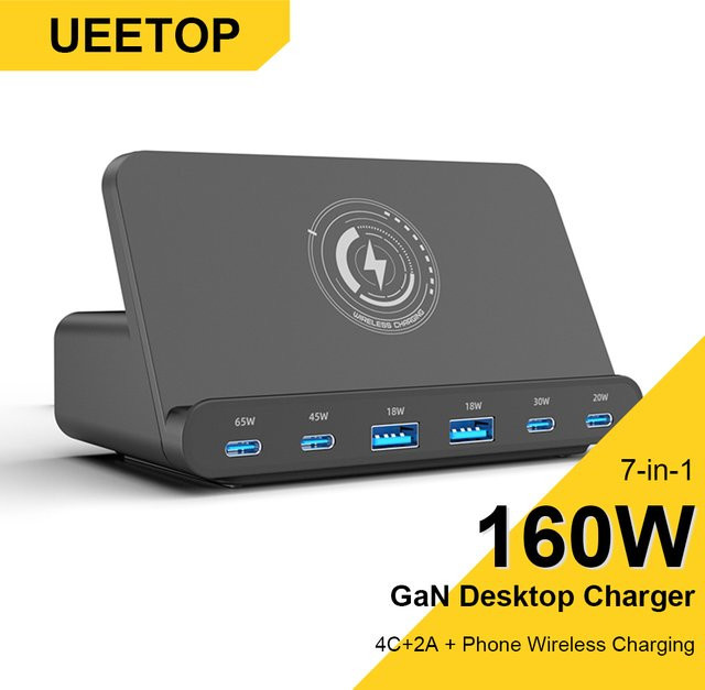 Ueetop 160W USB-Ladestation mit kabellosem Laden, 65W PD PPS und 45W GAN Schnellladegerät für Laptop, Tablet und iPhone, Schwarz - Bild 1