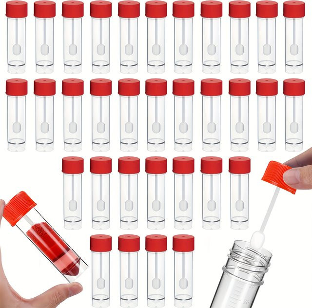 Rote Probenflaschen aus Kunststoff mit Löffel, 30 ml Fassungsvermögen für Labor und Tierpflege - Bild 1