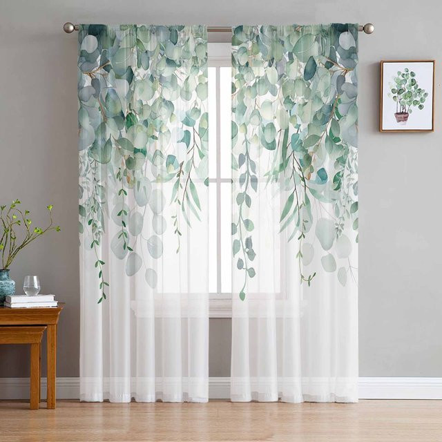 Yiran Furniture Transparentes Tüll-Voile-Organza Vorhang mit abstraktem salbeigrünem Blätter- und Zweigmuster, Breite: 135 cm, Höhe: 115 cm - Bild 1