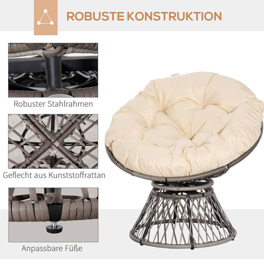 Outsunny Papasansessel aus PE-Rattan und Stahl in Beige mit Polsterung, B: 87 cm, T: 97 cm, H: 90 cm - Bild 3