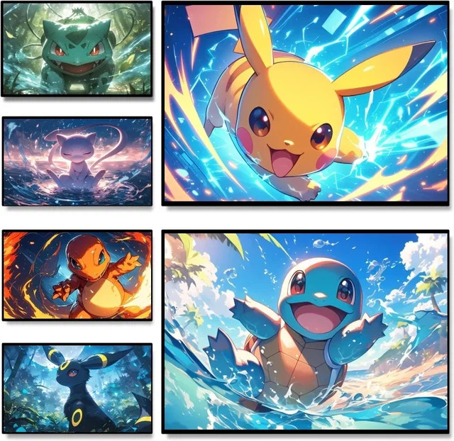 Rahmenloses Leinwandgemälde von KAYOU mit Pokemon Pikachu und Schiggy im japanischen Anime-Stil, mehrfarbig - Bild 1