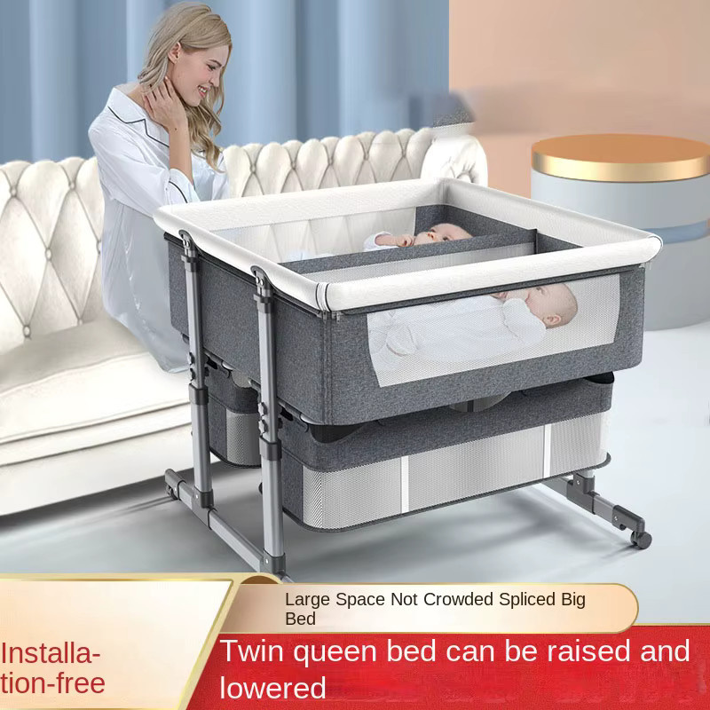 Pakey Zwillings-Kinderbett als Beistellbett und Wiege für Neugeborene, höhenverstellbar mit Drop-Side und Seitentaschen, Beige oder Grau - Bild 2