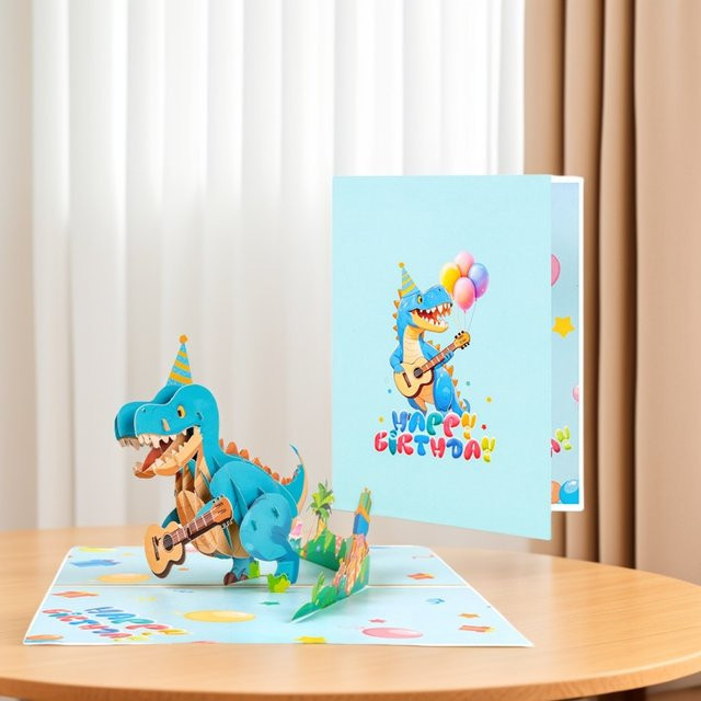 3D Pop-Up Geburtstagskarte mit Dinosaurier und Gitarre inklusive leerem Notizfeld für Freunde - Bild 1