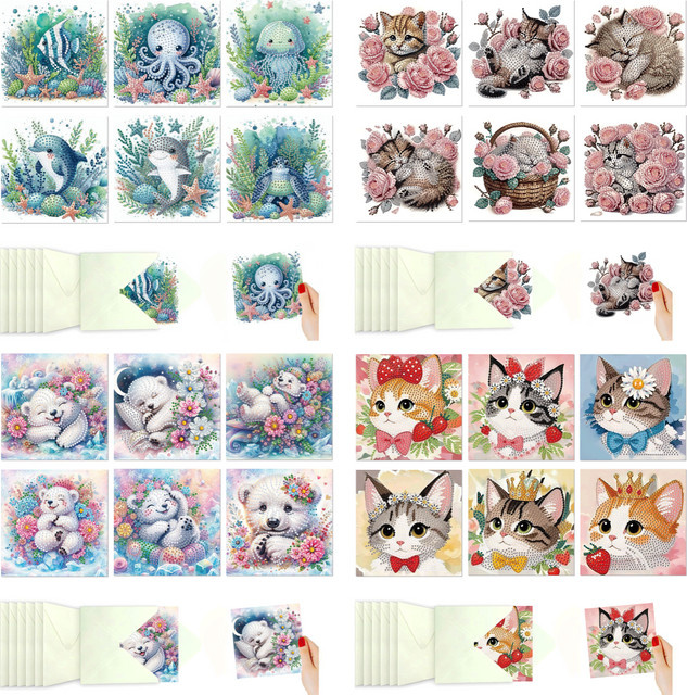 6-teiliges Set diamantbemalte Grußkarten mit Tiermotiven und beschreibbaren Umschlägen in Multicolour - Bild 1