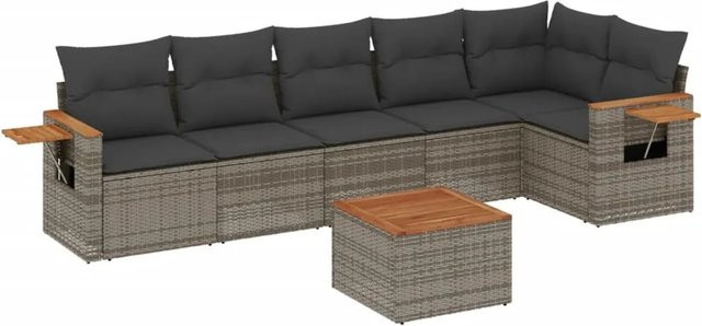 vidaXL 7-teilige Garten-Sofagarnitur in L-Form aus Poly-Rattan und Akazienholz in Grau mit Kissen - Bild 1