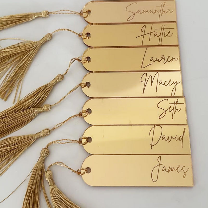 Personalisierte Acryl-Tischkarten mit Namen in Gold, verspiegelte Tischkarten für Hochzeit und Brautparty, rechteckige Acryl-Namensschilder mit Gravur - Bild 1