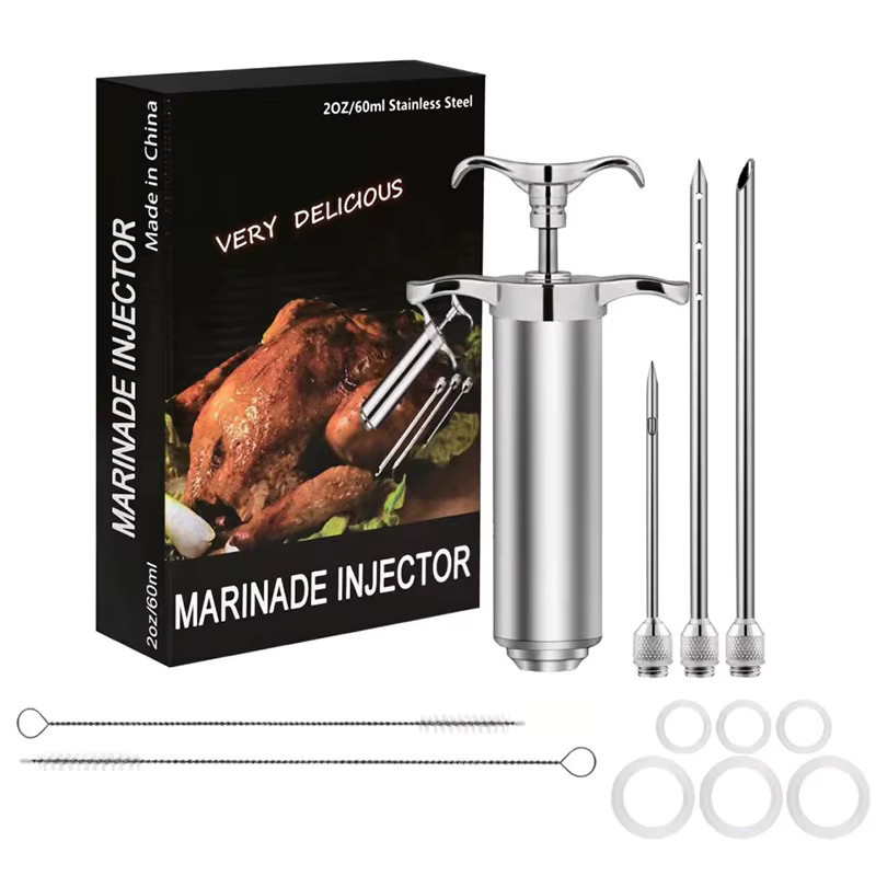Venlohome Edelstahl Fleischinjektionsspritzen-Set in Silber mit 3 Marinaden-Nadeln für BBQ, Truthahn und Rindfleisch - Bild 5