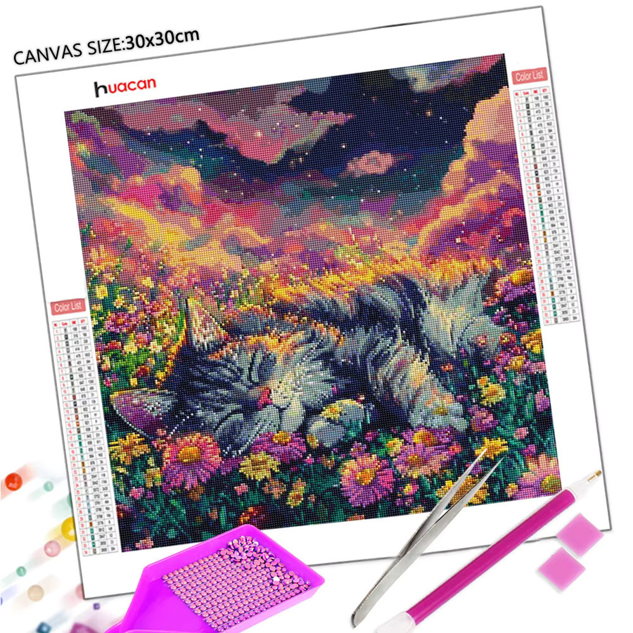 Huacan 5D Diamantmalerei Katze mit Gänseblümchen Set mit runden Steinen in Multicolour, Breite: 20,0 cm, Höhe: 20,0 cm - Bild 2