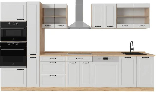 Vicco R-Line Küchenzeile Landhaus Stil in Weiß Struktur und Eiche, Breite: 350 cm, Höhe: 207,4 cm, Tiefe: 60 cm - Bild 1