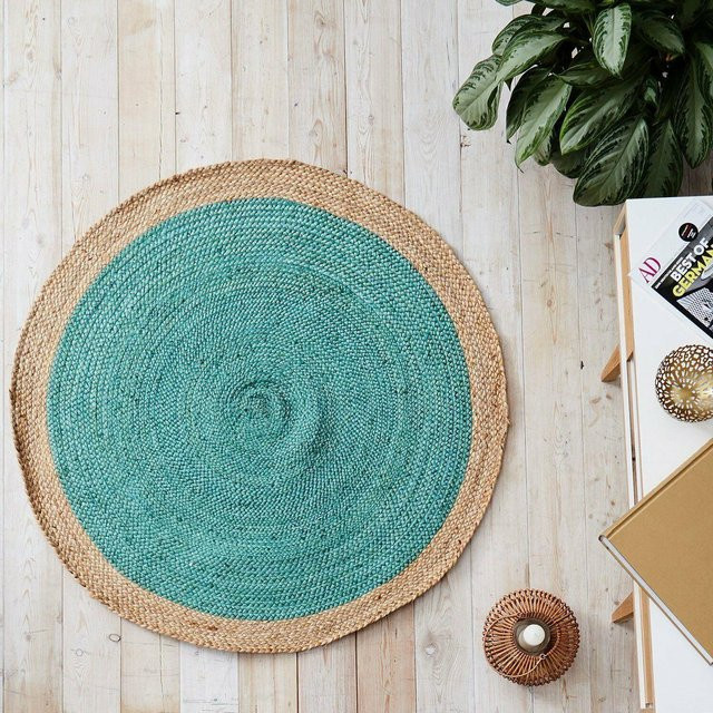 Runder Jute Teppich King of the Jute Rugs in Türkis/Beige, Handgefertigt, Durchmesser: 120 cm - Bild 1