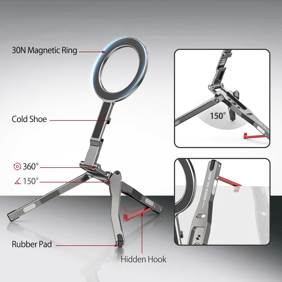 CAMOLO MG-05G Magnetisches Taschen-Handystativ mit Haken, faltbarer MagSafe-Handyhalter mit Ring für iPhone, Android und HUAWEI - Bild 2