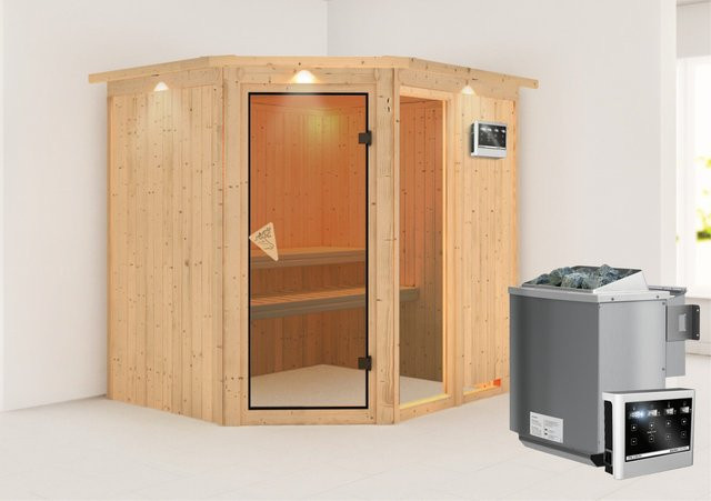 Karibu Sauna Freyja 2 Bio-Sauna aus Fichte mit BioKombiofen 9.0 kW, externem Steuergerät und LED-Dachkranz, Farbe: Natur/Braun/Weiss, B/T/H: 196 x 170 x 198 cm - Bild 1