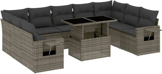 vidaXL 10-tlg Garten-Sofagarnitur in L-Form aus grauem Poly-Rattan mit UV-beständigen Kissen und pulverbeschichtetem Stahlgestell - Bild 1
