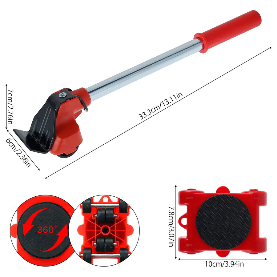 5-teiliges Möbelheber-Mover-Roller Set mit Radstange in Rot zum Bewegen von Geräten und Möbeln - Bild 2