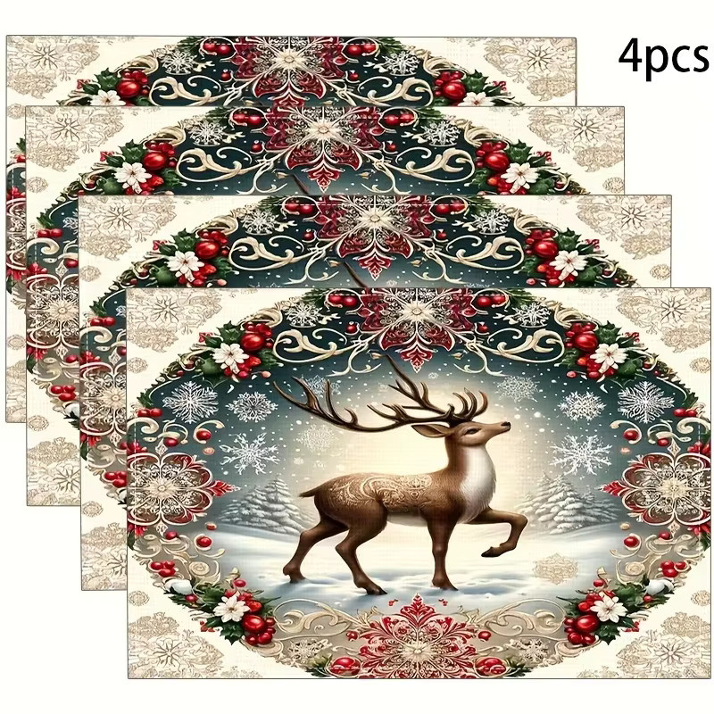 VIKAMA 4 Stück Weihnachts-Tischsets mit Rentier-Schneeflocken, wasserdicht und wärmeisolierend, Mehrfarbig, B/T: 45 x 30 cm - Bild 3