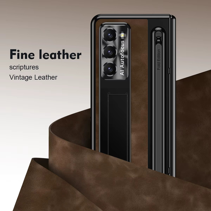 Leder Schutzhülle mit Stifthalterung und Stylus für Samsung Galaxy Z Fold7 6 5 4 inklusive Glas-Bildschirmschutz und Scharnier-Abdeckung in Braun - Bild 4