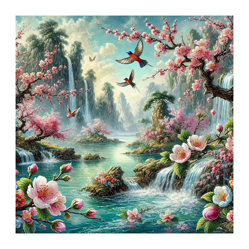 Huacan Rundes Diamantgemälde Landschaft mit Wasserfall und Blumen in Mehrfarbig, Durchmesser: 20 cm - Bild 4